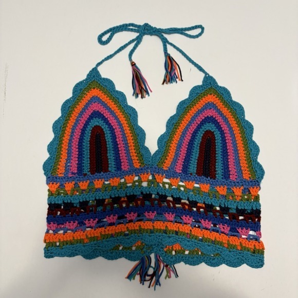 Bestto Tops - Crochet Festival Boho Crop Top M/L Indie Rainbow Dopamine Hippie Maximalist